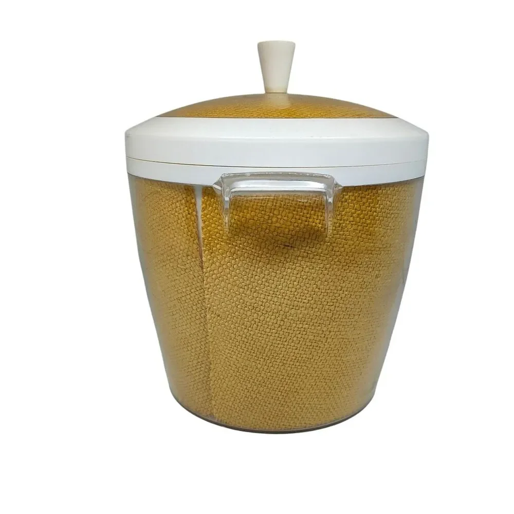 Vintage Mid Century Rafiaware Yellow Plastic Ice Bucket MCM 70's Burlap